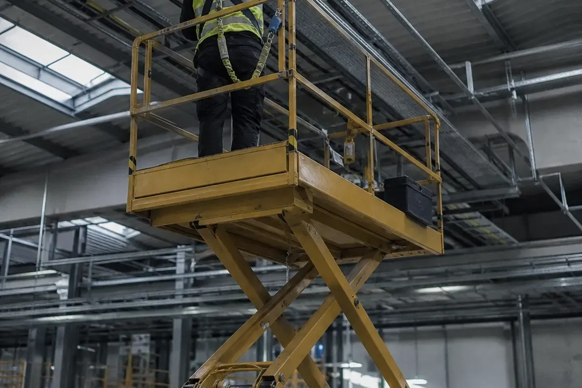 Nacelle à ciseaux déployée dans une halle industrielle, opérateur harnaché